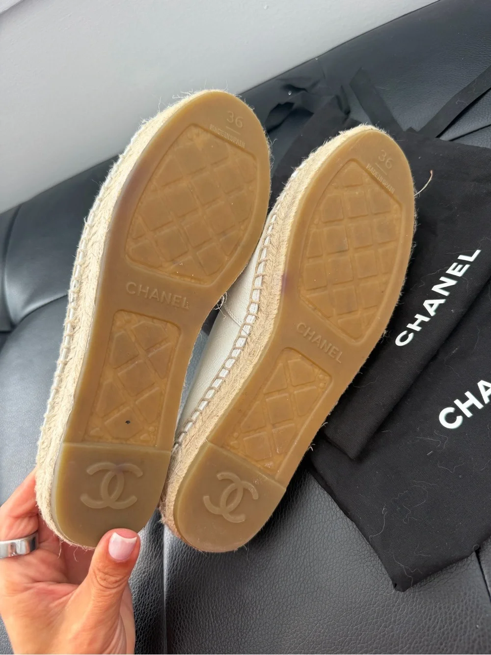 CHANEL White Leather CC Espadrilles Shoes Flats Size 36